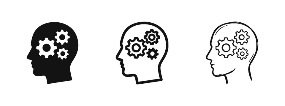 Human Brain Thinking and Mental Process Icons - Head with Gears Symbol Set
