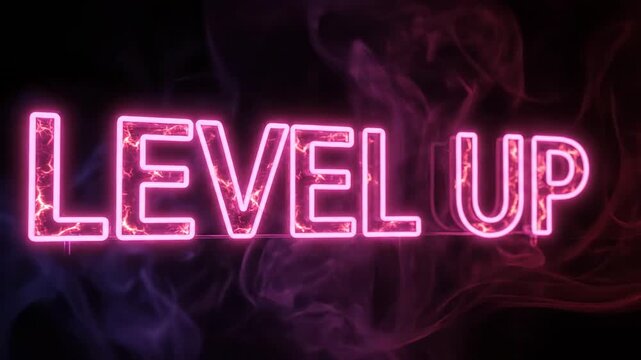 Pink neon level up sign glowing through smoke representing gaming achievement and personal growth.