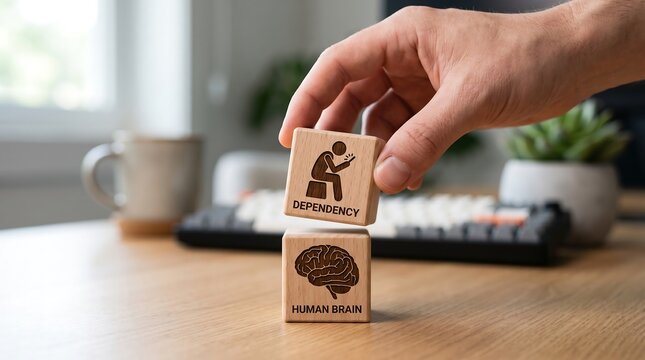 Hand placing wooden block with dependency on human brain block on desk with office items