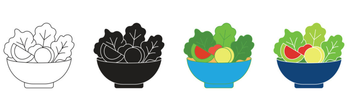 Salad Bowl icon set. Healthy vegetable and fruit salad bowl , vegetarian plate based diet sign. Vector Illustration.