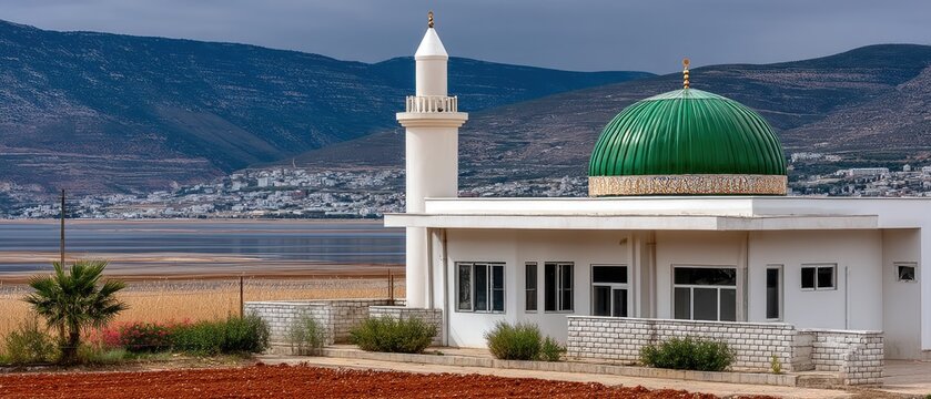 View of a monumental building with a green dome surrounded by fields and a small town under a bright sky with clouds