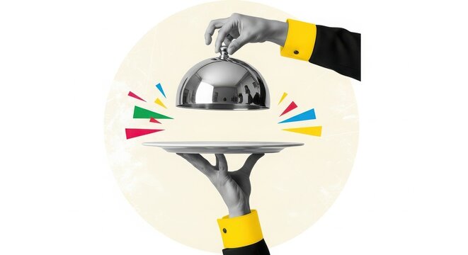 Waiter presenting a covered silver serving cloche on a tray with colorful abstract burst elements, concept of surprise service or special delivery isolated on white background