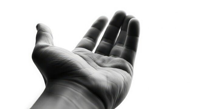 Black and white closeup of an open human hand reaching upwards against a bright, highkey background, symbolizing offering or receiving