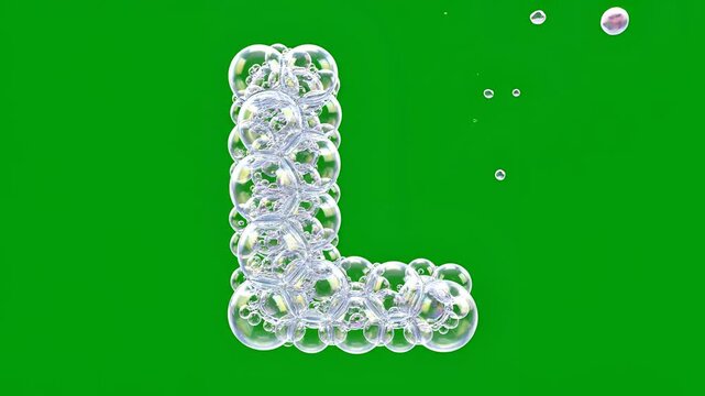 Letter L formed by clear water bubbles on a green background.