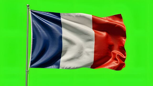 French National Flag Waving Dynamically On Vibrant Green Screen Background With Patriotic And Cultural Identity Concept