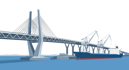 Fototapeta premium Modern Cable-Stayed Bridge and Cargo Ship at Industrial Port
