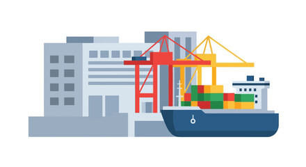 Fototapeta premium Cargo ship and cranes at industrial port with containers and buildings