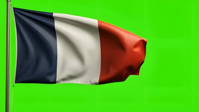 Majestic French Flag Waving In The Wind On Bright Green Screen Background Representing French Patriotism And National Identity