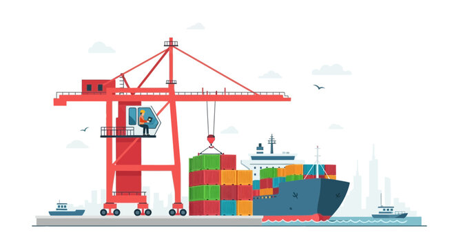 Container ship loading at port with large red crane and city skyline