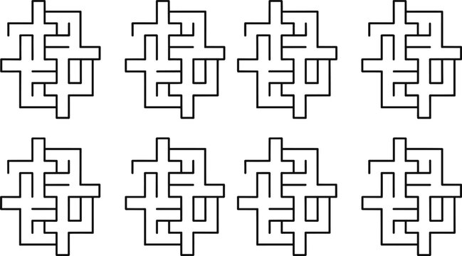 Collection of eight black geometric maze icons on white, representing complex logic, navigation, and cerebral challenge.