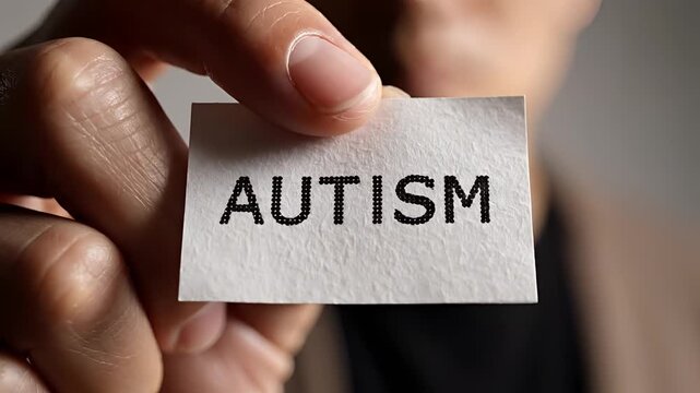 Person holding a card with the word AUTISM written on it.