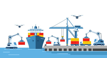 Obraz premium Container Ship Loading at Port with Cranes, Drones, and Trucks - Logistics