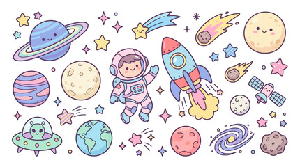 Fototapeta premium Adorable Kawaii Space Adventure Collection A Cute Cartoon Set of Astronauts, Planets, Rockets, and Stars for Children's Designs and Celestial Themes