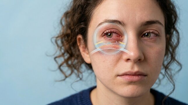 Young woman with red irritated eye and medical digital overlay showing dry eye syndrome concept