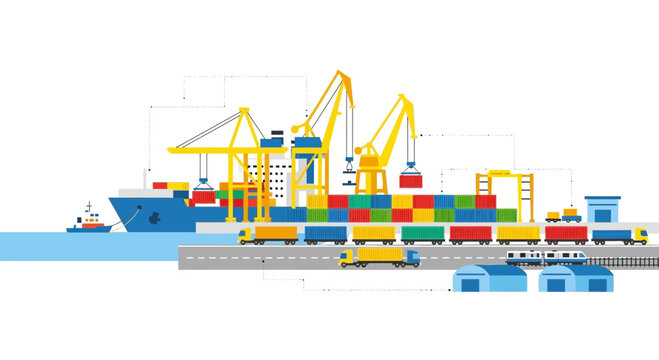 Container Ship Cargo Port with Cranes, Trucks, and Trains - Logistics and Shipping