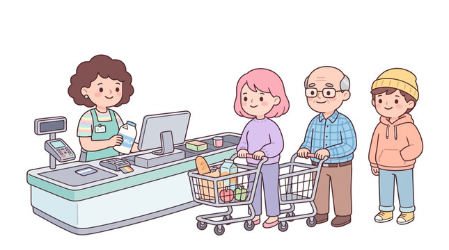 A diverse group of people including a child, couple, and senior citizens queuing at a grocery store checkout with a cashier, illustration
