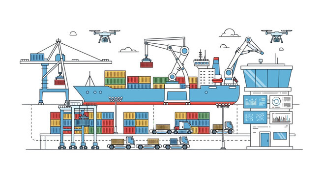 Container ship loading at modern port with drones and automated cranes