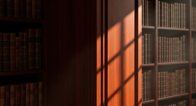 Warm sunlight streams across a rich mahogany wood library corner with a detailed bookshelf, evoking a sense of quiet knowledge and classic study.
