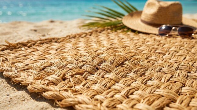 Woven raffia mat with natural dry texture on a sunny beach with ocean in background