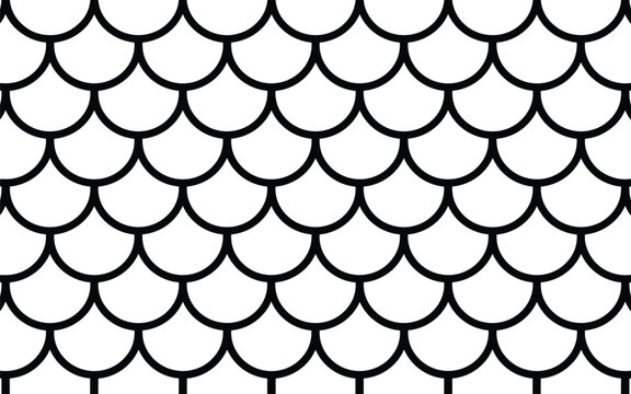 Seamless black and white fish scale pattern repeating in a minimalist geometric wave design with clean lines and bright light.