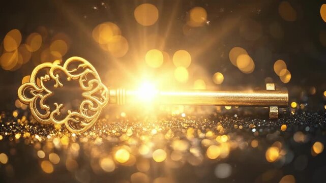 Intricate antique gold key on sparkling black and gold bokeh background. The concept of mysticism, astrology, fortune-telling, shamanism, tarot, seers, clairvoyants