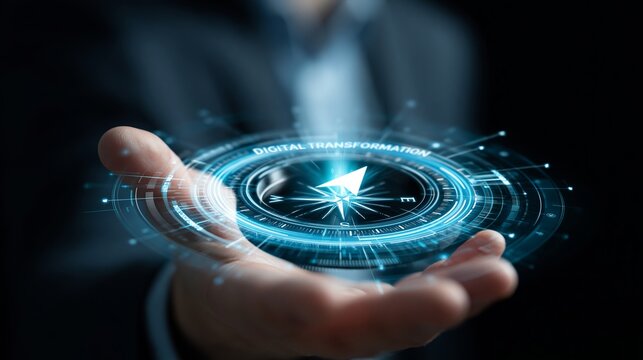 A businessman holding a digital transformation compass in his hand with a dark background