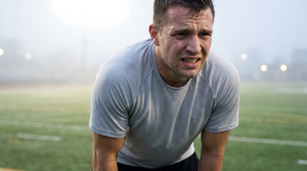 Fototapeta premium Emotional close-up portrait of a male football player grimacing in exhaustion during a training session.