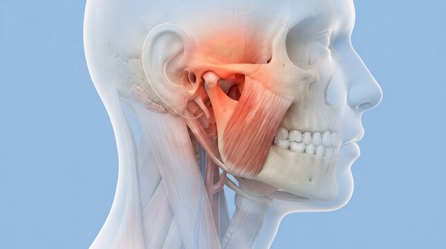 3D medical illustration of human jaw anatomy with red highlight indicating pain in the masseter muscle and TMJ joint