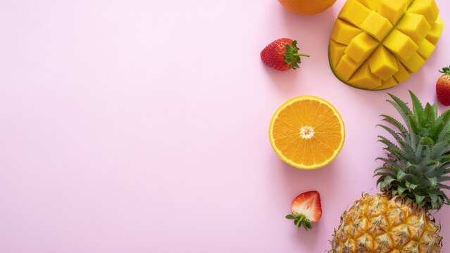Fresh mango, oranges, strawberries, and pineapple arranged creatively on a pastel pink surface with copy space for summer and healthy lifestyle concepts.