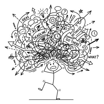 Overwhelmed person with chaotic thoughts and ideas.