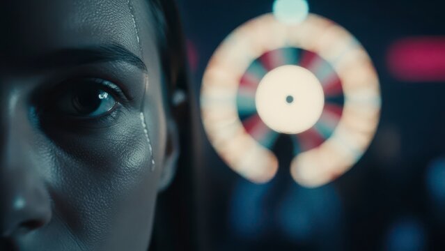 Close up of a womans tearful eye with a blurred colorful light in the background.