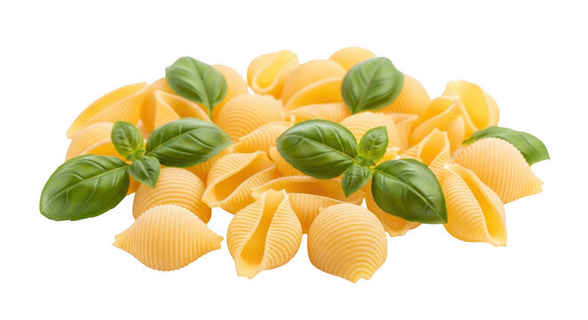 A pile of dry conchiglie rigate pasta shells garnished with fresh green basil leaves isolated on a solid black background