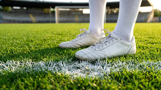Ground-level view of a football player standing over a white chalk line in white soccer cleats.