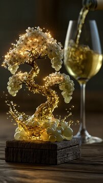 Surreal white wine concept with bonsai tree made of liquid splash and grapes near a wineglass