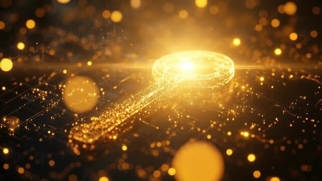 Golden key symbol with glowing particles on dark background. The concept of mysticism, astrology, fortune-telling, shamanism, tarot, seers, clairvoyants