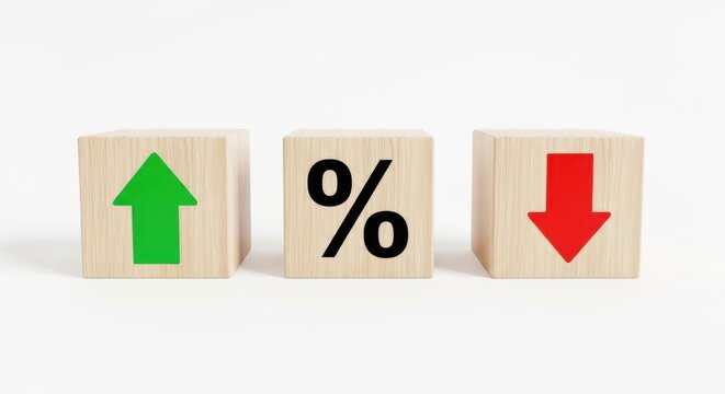 Three wooden cubes showing up arrow percentage sign and down arrow symbols