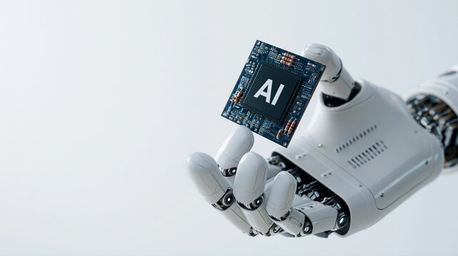 Main robotique tenant une puce &eacute;lectronique avec marquage AI