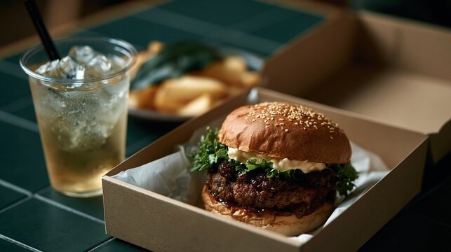 D&eacute;licieux burger artisanal servi dans une bo&icirc;te avec boisson fra&icirc;che