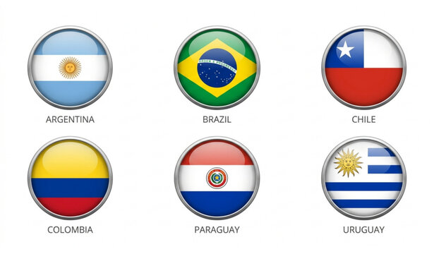 Glossy Round Flag Icons Vector Collection of Argentina Brazil Chile Colombia Paraguay and Uruguay