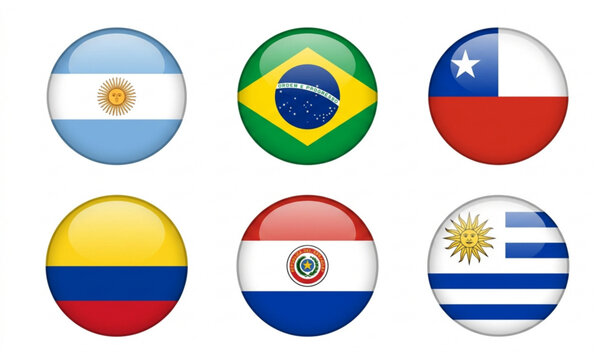 South America Round Flag Icons Vector Set with Argentina Brazil Chile Colombia Paraguay and Uruguay
