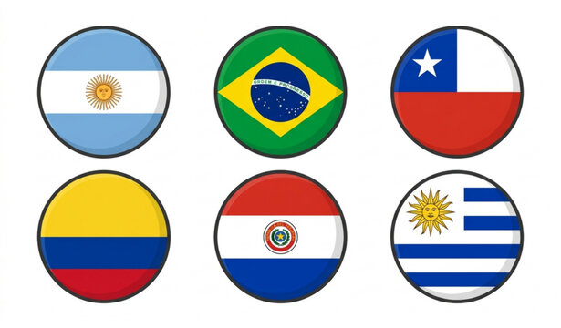Round South American Country Flags Icon Set Vector Isolated on White Background