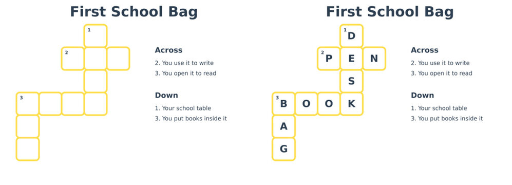 First School Bag Crossword Puzzle for Kids  