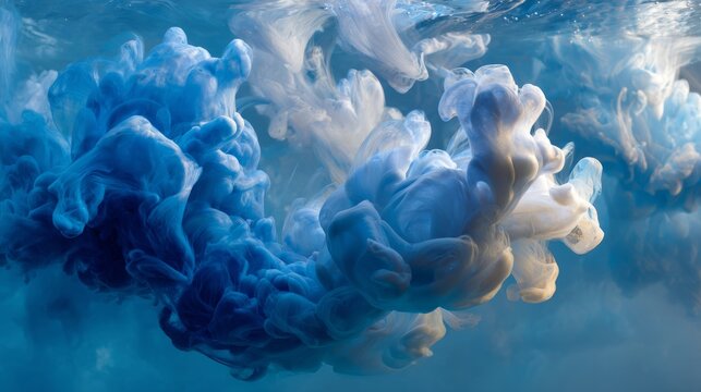 Vivid blue and white liquids swirl and blend underwater, creating dynamic cloud-like forms. Light refracts through the flowing mass