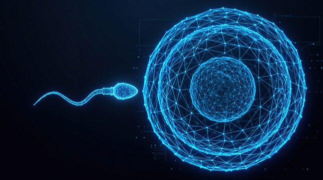 Digital conception process with sperm and egg cell in abstract blue wireframe network