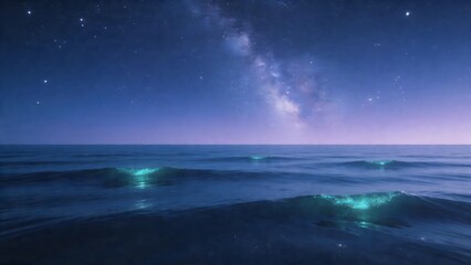Fototapeta premium Nighttime ocean with glowing waves and stars