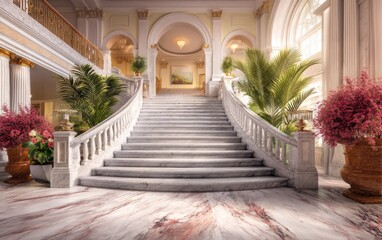 Fototapeta premium Elegant Marble Staircase in Luxurious Architectural Interior with Lush Greenery and Floral Arrangements