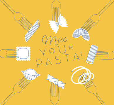 Italian mix your pasta types poster including spaghetti, penne, farfalle, macaroni, ravioli, rigatoni and fusilli food set with lettering drawing on yellow background