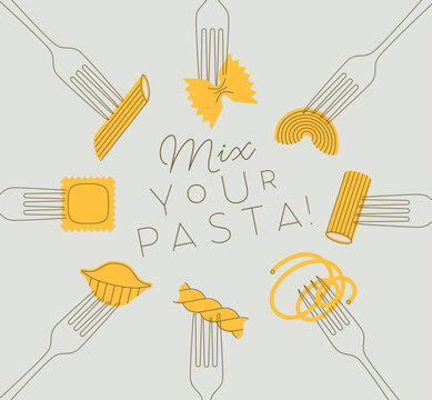 Italian mix your pasta types poster including spaghetti, penne, farfalle, macaroni, ravioli, rigatoni and fusilli food set with lettering drawing on grey background