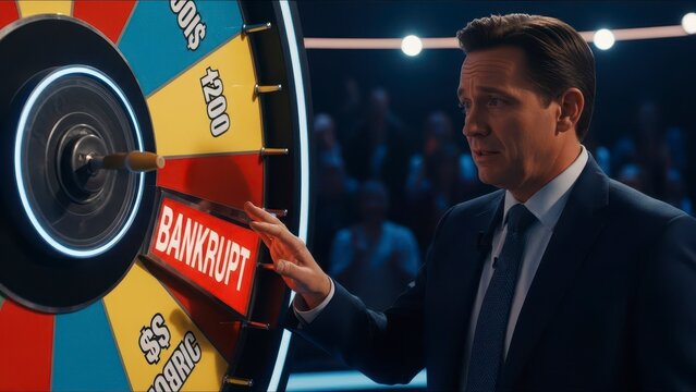 Man spins wheel of fortune with bankruptcy option.
