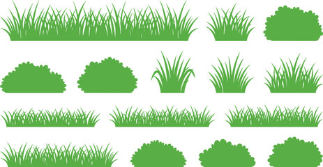 Vector set of green grass silhouettes, borders, tufts, and bushes elements isolated on white background, perfect for nature landscapes and garden designs. © MdGohurul